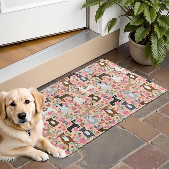 Boston Terrier Dog and Flower Florals Door Rugs,Washable Non Slip Door Mats Indoor,Decorative Door Mats,Entry Mat Indoor for Entrance,Bedroom,Kitchen,Bathroom,16"x24"