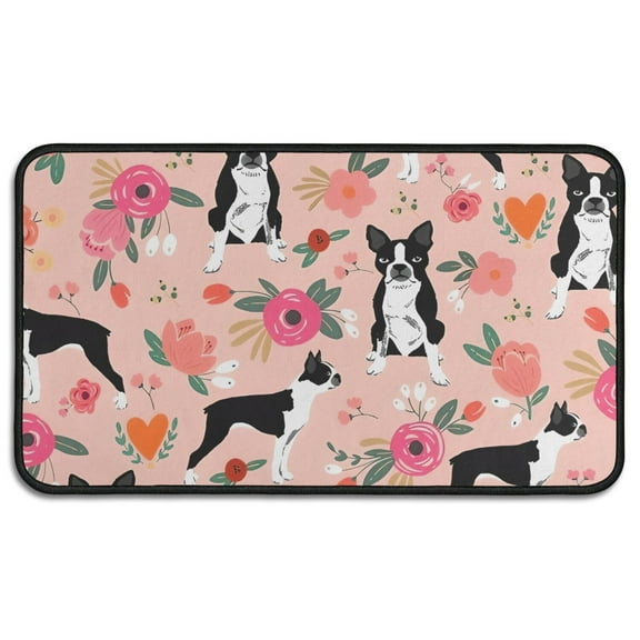 Boston Terrier Dog and Flower Florals Door Rugs,Washable Non Slip Door Mats Indoor,Decorative Door Mats,Entry Mat Indoor for Entrance,Bedroom,Kitchen,Bathroom,30"x17"