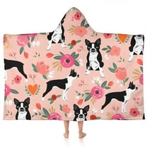 Boston Terrier Dog and Flower Florals Hooded Bath Towel,50"x30" for Ages 3 To 12 Kids, Quick Dry Lightweight Soft Microfiber Hood Beach Towel Cover Up for Kids