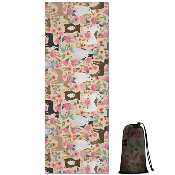 Boston Terrier Dog and Flower Florals Hot Yoga Mat Towel Non Slip for Hot Yoga - Quick-Drying Yoga Mat Cover with 4 Corner Pockets with Travel Bag - Hot Yoga Towel Non Slip 74"x26"