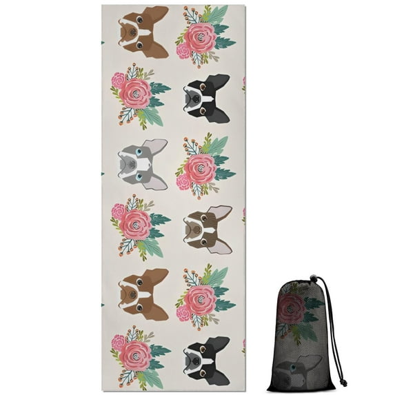 Boston Terrier Dog and Flower Florals Hot Yoga Mat Towel Non Slip for Hot Yoga - Quick-Drying Yoga Mat Cover with 4 Corner Pockets with Travel Bag - Hot Yoga Towel Non Slip 74"x26"