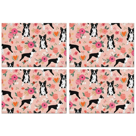 Boston Terrier Dog and Flower Florals Summer Placemats Table Placemats Set Of 4-Linen Kitchen Washable Placemats Table Mats 11.8"x17.7"Non-Slip Heat Resistant