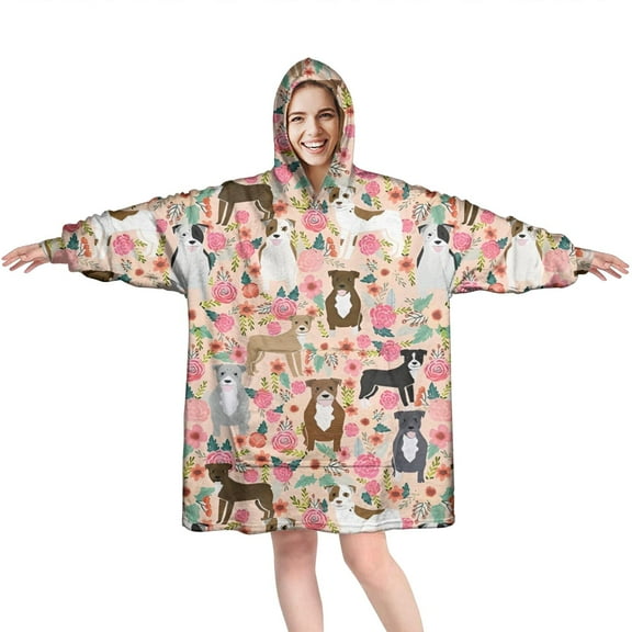 Boston Terrier Dog and Flower Florals Wearable Oversized Blanket,Wearable Blanket Hoodie for Adults,Cozy Hooded Blankets with Super Pockets,Super Warm Fuzzy Pullover for Women & Men