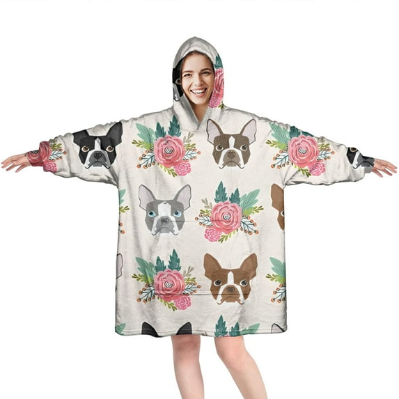 Boston Terrier Dog and Flower Florals Wearable Oversized Blanket,Wearable Blanket Hoodie for Adults,Cozy Hooded Blankets with Super Pockets,Super Warm Fuzzy Pullover for Women & Men
