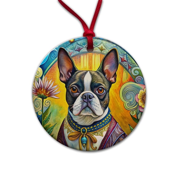 Boston Terrier Dog French Bohemian Art Christmas Tree Holiday Round Ceramic Ornament