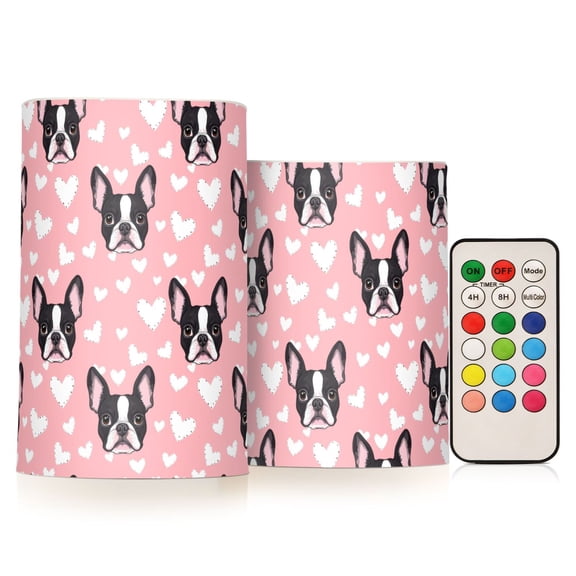 Boston Terrier Dog Heart Pattern Flameless LED Candle Set with Remote, Battery Operated Color Changing Pillar Candles, Set of 2
