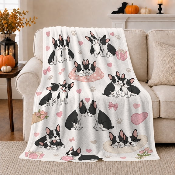 Boston Terrier Dog Lovers, Playful Pet Portrait Pattern, Warm Flannel Blanket for Living Room and Bedroom, Dog Lovers Valentine's Day Gift, Pet Lover Home Decor