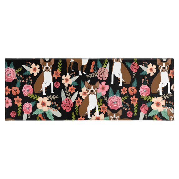 Boston Terrier Dog with Pioneer Flower Kitchen Rug Mat,Kitchen Runner Rugs Non Skid Washable,Decorative Kitchen Floor Mats for Kitchen,Sink,Laundry,17"X47"