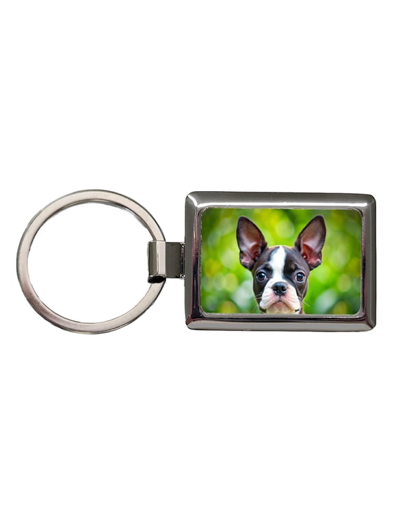 Boston Terrier Dog Puppy Photo Metal Rectangle Keychain