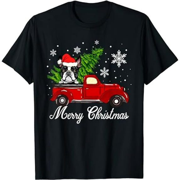 Boston Terrier Dog Riding Red Truck Merry Christmas Pajama T-Shirt