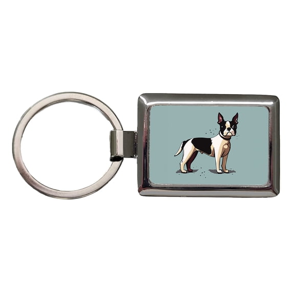 Boston Terrier Dog Standing Metal Rectangle Keychain