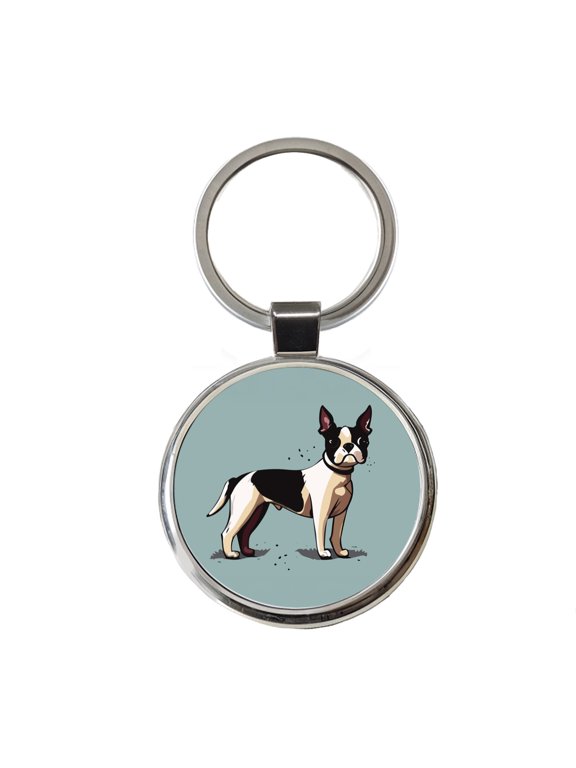 Boston Terrier Dog Standing Metal Round Keychain