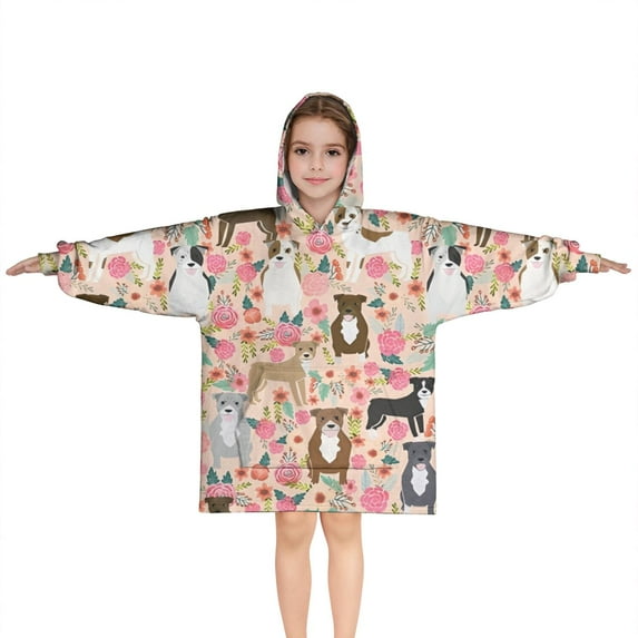 Boston Terrier Dog and Flower Florals Blanket Hoodies for Kids 6-13YR Oversize Wearable Blanket Hoodies for Boys Girls Teens