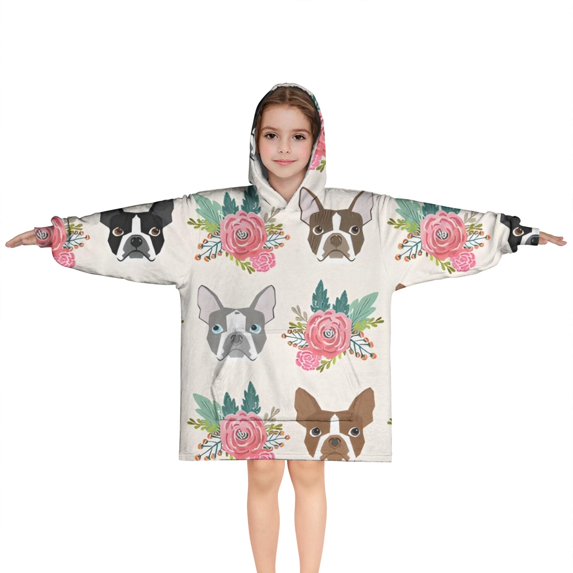 Boston Terrier Dog and Flower Florals Blanket Hoodies for Kids 6-13YR Oversize Wearable Blanket Hoodies for Boys Girls Teens