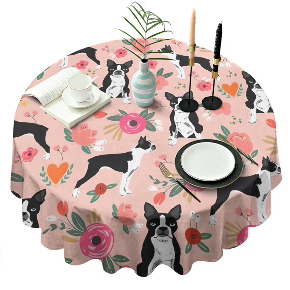 Boston Terrier Dog and Flower Florals Round Tablecloth 60"x60",Wrinkle Wipeable Table Cloth for Kitchen Dining Room Picnic Patio Party