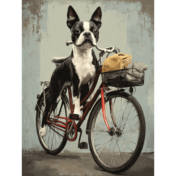 Boston Terrier Dog on Bicycle Canvas Print Wall Art for Living Room Bedroom Office Cafe Bar Decor