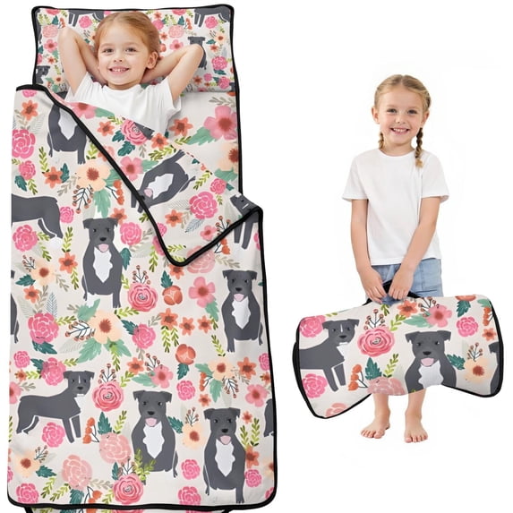 Boston Terrier Dog with Flower Toddler Nap Mats for Kids Preschool,50"x20" Sleeping Mat Bag or Kids,Toddler Sleeping Bag,Toddler Nap Mat or Daycare