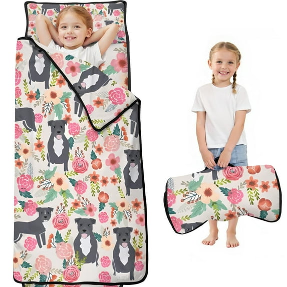 Boston Terrier Dog with Flower Toddler Nap Mats for Kids Preschool,59"x22" Sleeping Mat Bag or Kids,Toddler Sleeping Bag,Toddler Nap Mat or Daycare