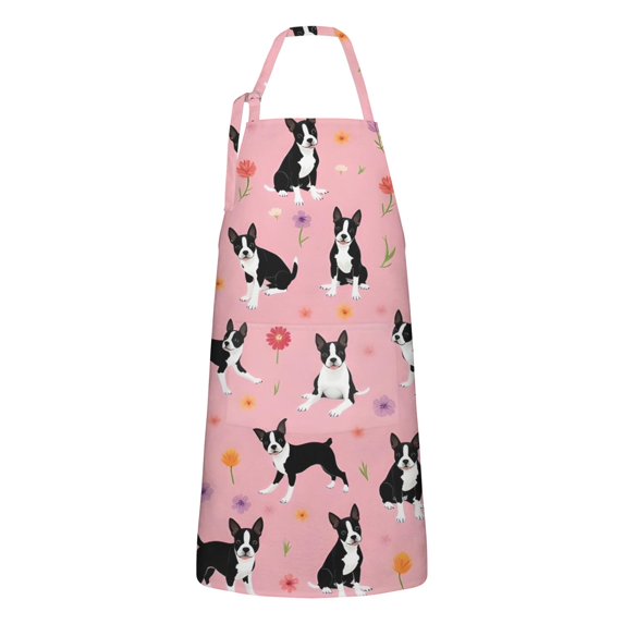 Boston Terrier Dogs and Flowers Apron-Garden Aprons for Women with Pockets-Cotton Linen Waterproof Kitchen Cooking Gardening Aprons Adjustable for Kitchen,Cooking,BBQ and Salon 33x27 Inch