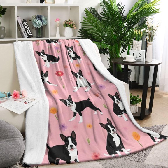 Boston Terrier Dogs and Flowers Blanket,Comfortable Soft Flannel Throw Blanket,All Season,Warm Lightweight Blankets for Sofa Bed Couch Living Room Chair,40"x50"(100x130cm)