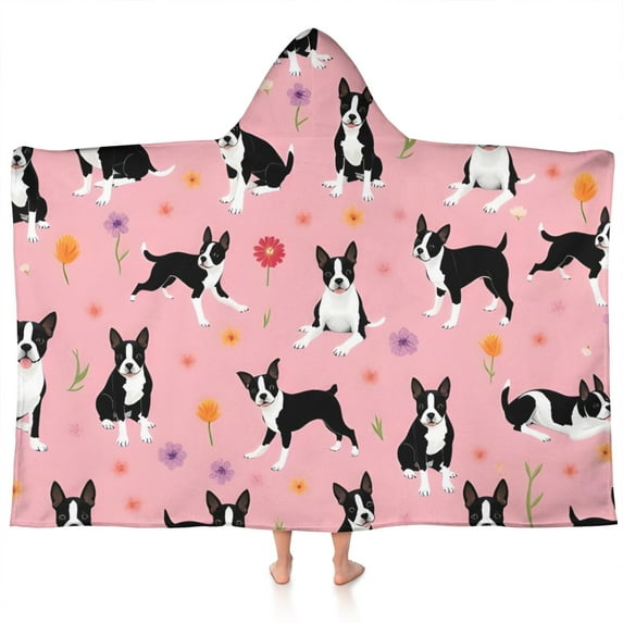 Boston Terrier Dogs and Flowers Hooded Bath Towel,60"x35" for Ages 3 To 12 Kids, Quick Dry Lightweight Soft Microfiber Hood Beach Towel Cover Up for Kids