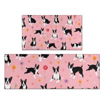 Boston Terrier Dogs and Flowers Kitchen Rugs Sets Of 2,Anti Fatigue Kitchen Mat Rugs Non Slip Washable,Decorative Kitchen Floor Mats for Kitchen,Sink,Laundry,17"x30" 17"x47"