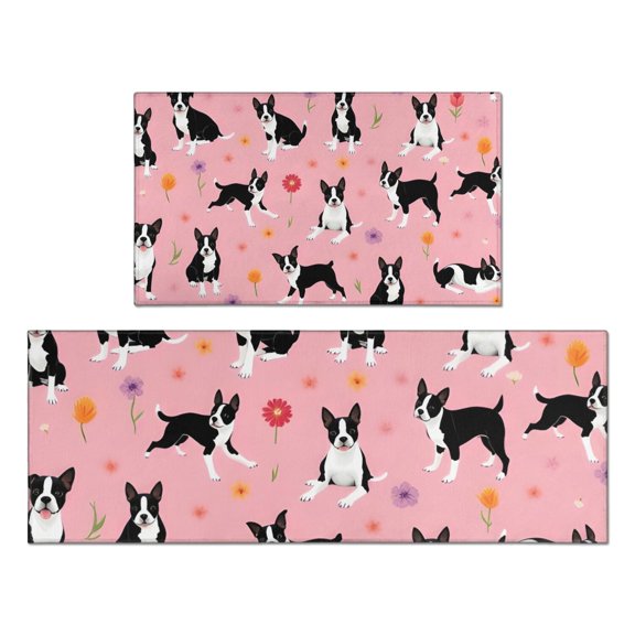 Boston Terrier Dogs and Flowers Kitchen Rugs Sets Of 2,Anti Fatigue Kitchen Mat Rugs Non Slip Washable,Decorative Kitchen Floor Mats for Kitchen,Sink,Laundry,17"x30"+17"x47"