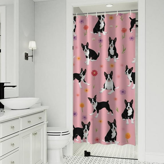 Boston Terrier Dogs and Flowers Shower Curtain 36"x72" ,Bathroom Decorative Shower Curtains Set with 12 Hooks,Modern Waterproof Washable Shower Curtain