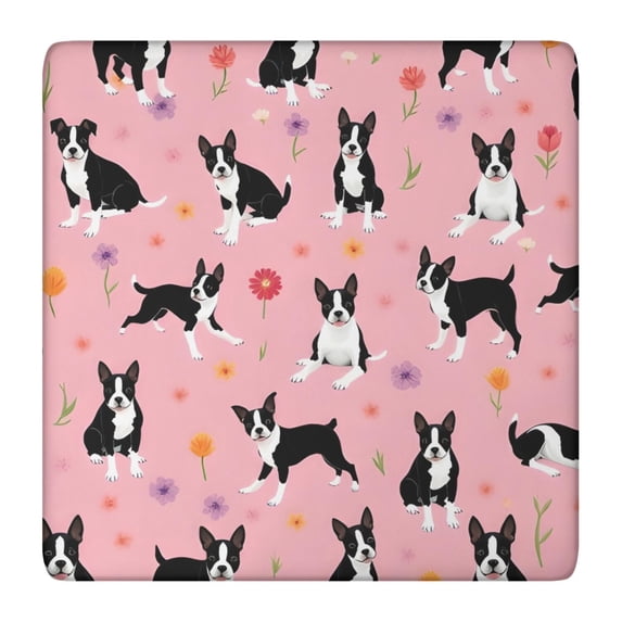 Boston Terrier Dogs and Flowers Square Fitted Tablecloth with Elastic Edge,Square Table Cover,Washable Elastic Table Cover for Home Kitchen Party Decor 36"x36"
