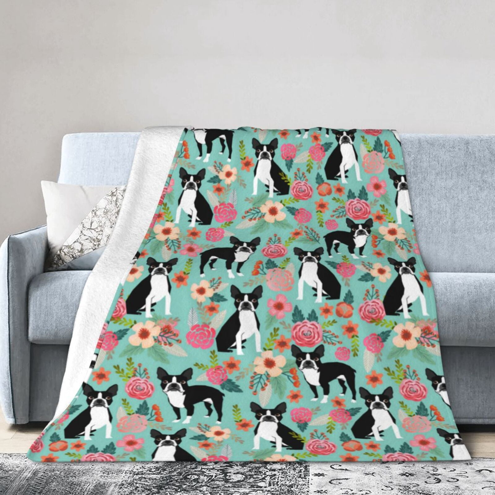 Boston Terrier Dogs Lovers Flower Floral Blanket Gifts For Kids Adults - Lightweight Throw Blanket For Bedroom Living Room Decor Soft Fuzzy Fleece Cozy Plush Bed Couch 80"X60"