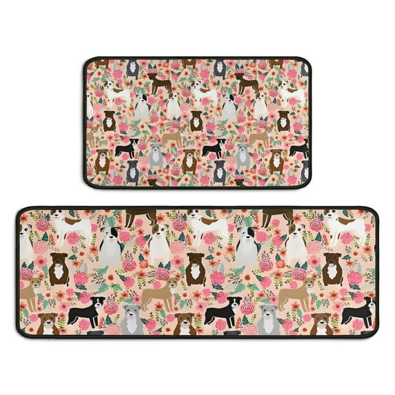 Boston Terrier Dogs with Pioneer Flower Kitchen Rugs Sets Of 2,Anti Fatigue Kitchen Mat Rugs Non Slip Washable,Decorative Kitchen Floor Mats for Kitchen,Sink,Laundry,17"X30"+17"X47"