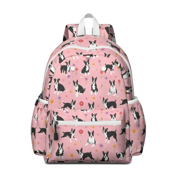 Boston Terrier Dogs and Flowers Backpack for School,Cute School Bag,Schoolbag with Adjustable Shoulder Straps & Padded Back,13.4"x11"x4.7"