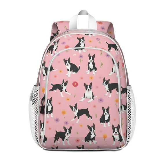Boston Terrier Dogs and Flowers Backpack for School,Cute School Bag,Schoolbag with Adjustable Shoulder Straps & Padded Back,15"x11.42"x5.5"
