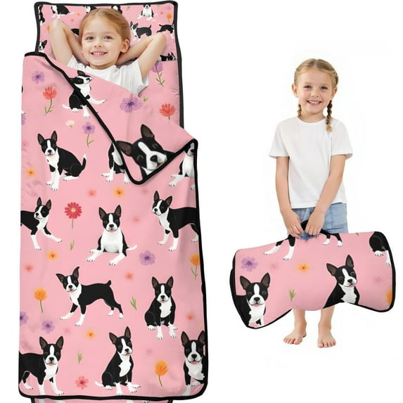 Boston Terrier Dogs and Flowers Toddler Nap Mats for Kids Preschool,Sleeping Mat Bag or Kids,Toddler Sleeping Bag,Toddler Nap Mat or Daycare
