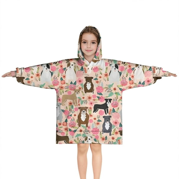 Boston Terrier Dogs with Pioneer Flower Blanket Hoodies for Kids 6-13YR Oversize Wearable Blanket Hoodies for Boys Girls Teens
