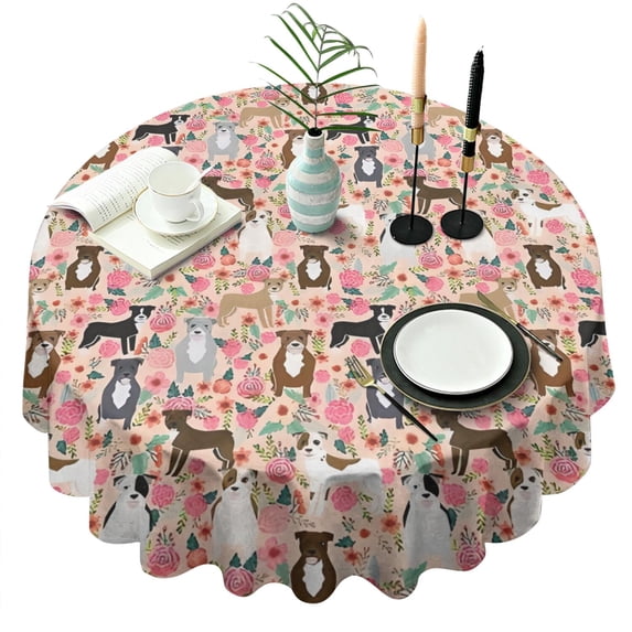 Boston Terrier Dogs with Pioneer Flower Round Tablecloth 60"x60",Wrinkle Wipeable Table Cloth for Kitchen Dining Room Picnic Patio Party
