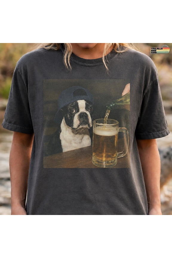 Boston Terrier Drinking Beer Shirt, Silly Pom Graphic Tee, Funny Dog Gift Men Women, T-Shirt