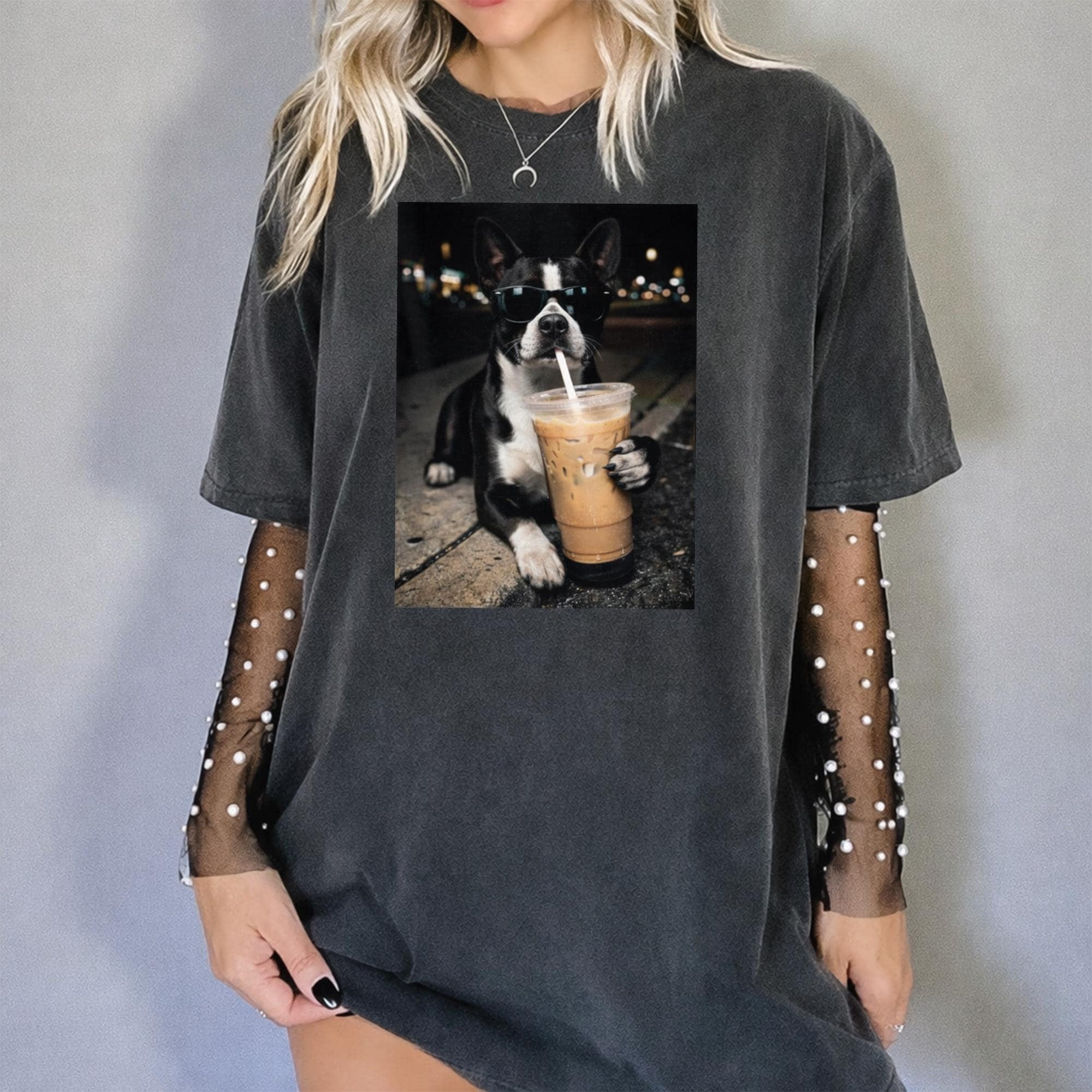 Boston Terrier Drinking Iced Coffee T-Shirt, Men & Women's Unisex ...