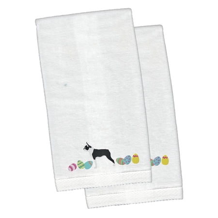 Boston Terrier Easter White Embroidered Plush Hand Towel Set of 2
