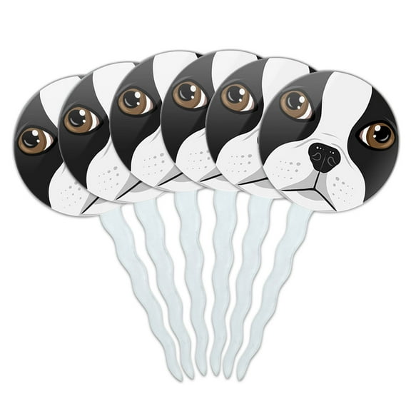 Boston Terrier Face Pet Dog Cupcake Picks Toppers - Set of 6