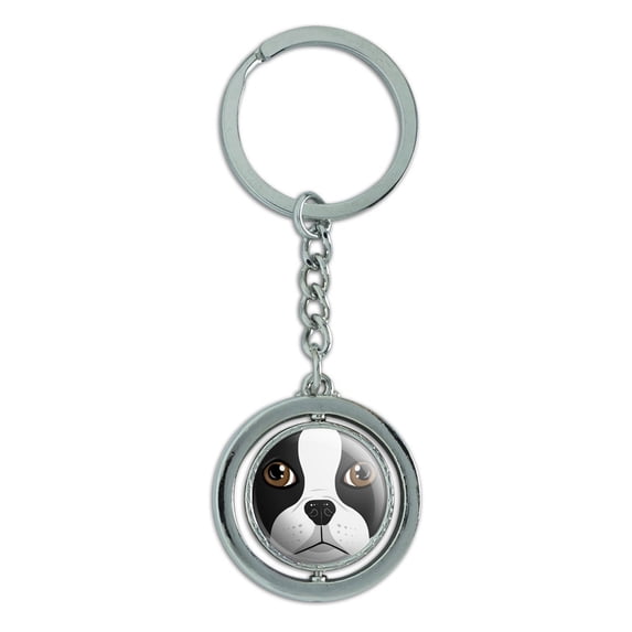 Boston Terrier Face Pet Dog Spinning Circle Metal Keychain