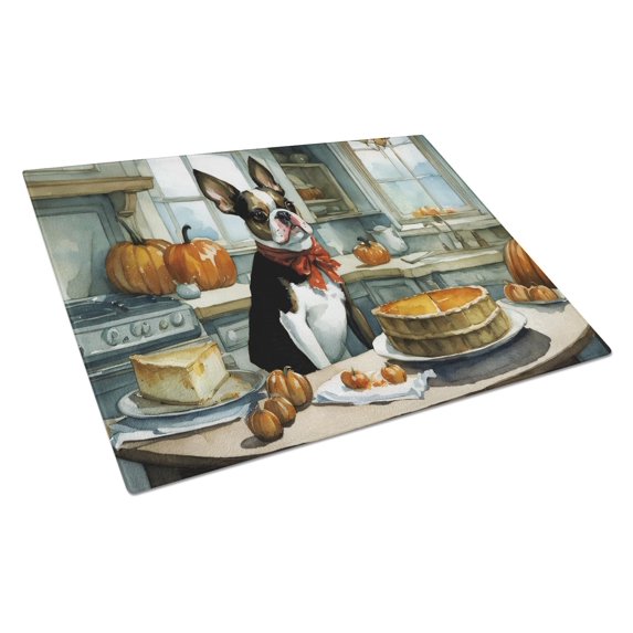 Boston Terrier Fall Kitchen Pumpkins Glass Cutting Board Large 12 in x 15 in