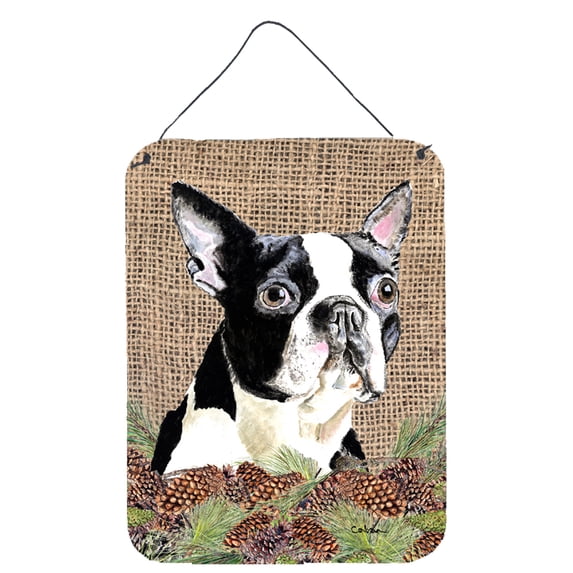Boston Terrier Faux Burlap and Pine cones Wall or Door Hanging Prints