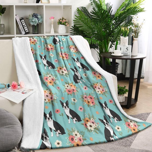 Boston Terrier and Floral Blue Pattern Sherpa Fleece Throw Blanket,Soft Plush,Warm,All Season,Cozy Fuzzy Flannel Blanket for Sofa Bed Couch Living Room Chair,60“x80"