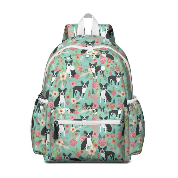 Boston Terrier Floral Flowers Backpack for School,Cute School Bag,Schoolbag with Adjustable Shoulder Straps & Padded Back,13.4"x11"x4.7"