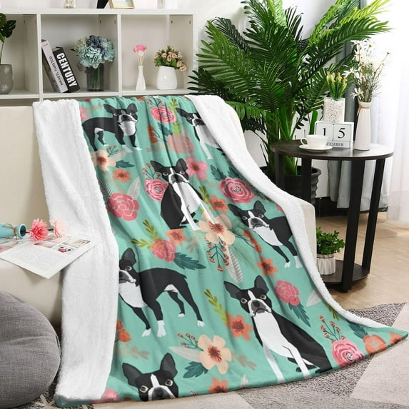 Boston Terrier Floral Flowers Blanket,Comfortable Soft Lamb Wool Throw Blanket,All Season,Warm Lightweight Blankets for Sofa Bed Couch Living Room Chair,60"x80"