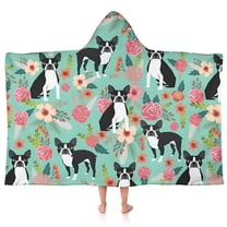 Boston Terrier Floral Flowers Hooded Bath Towel，50"x30" for Ages 3 To 12 Kids, Quick Dry Lightweight Soft Microfiber Hood Beach Towel Cover Up for Kids