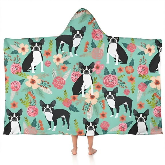Boston Terrier Floral Flowers Hooded Bath Towel，50"x30" for Ages 3 To 12 Kids, Quick Dry Lightweight Soft Microfiber Hood Beach Towel Cover Up for Kids