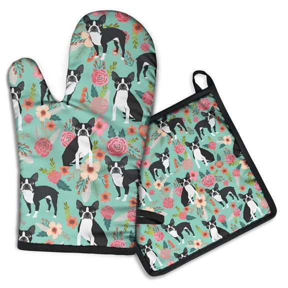 Boston Terrier Floral Flowers Kitchen Oven Mitt and Pot Holder Sets 2 Pcs for Baking, Cooking and Grilling, Heat Resistant Up To 392 °F