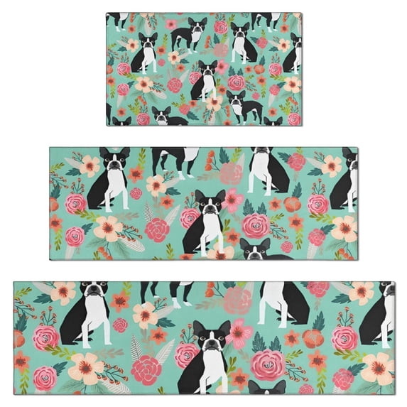 Boston Terrier Floral Flowers Kitchen Rugs Sets Of 3,Kitchen Runner Rugs Non Skid Washable,Decorative Kitchen Floor Mats for Kitchen,Sink,Laundry,17"x30"+ 17"x47" + 17"x59"